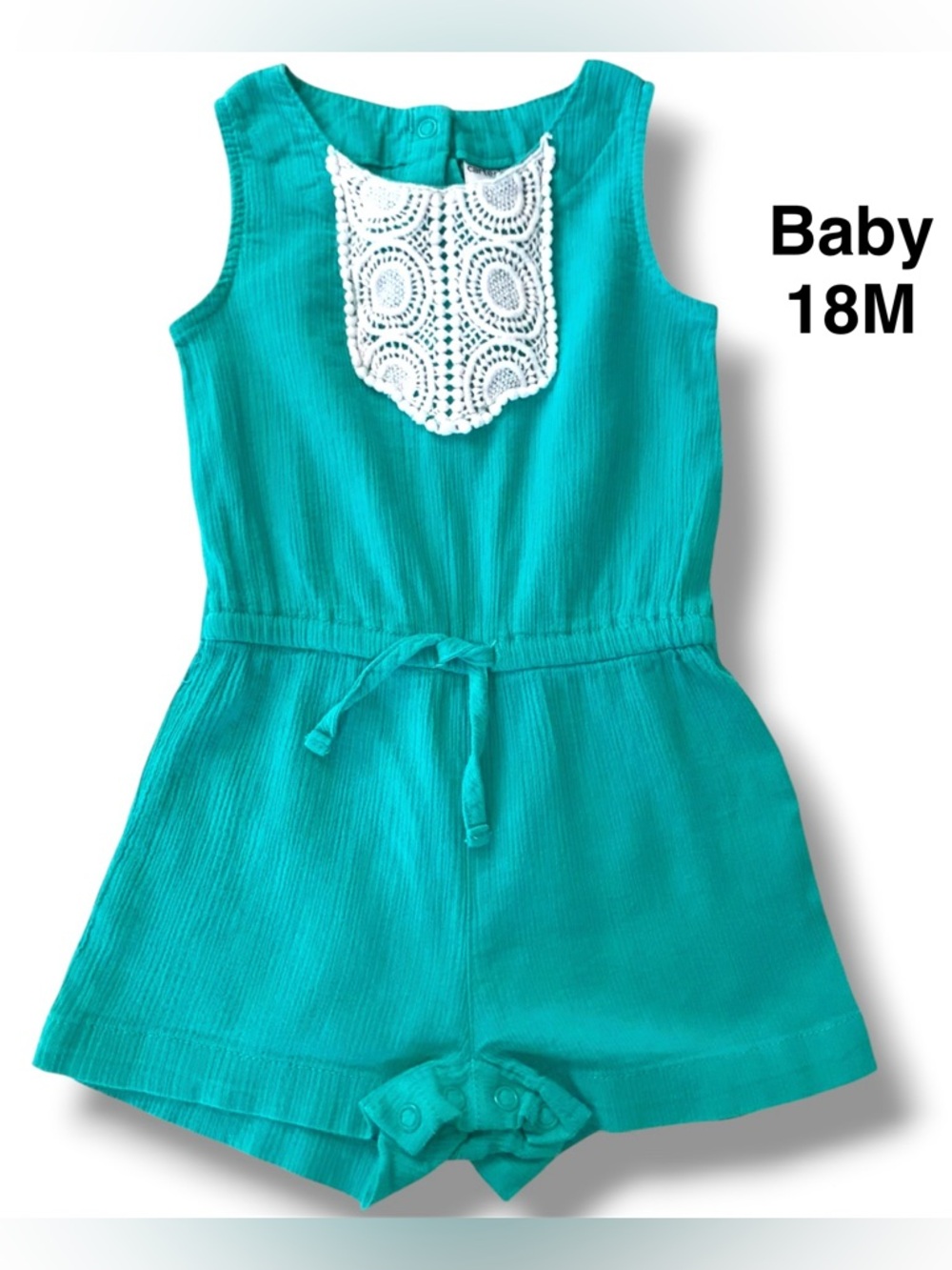 EUC, Carter’s Baby Girl Teal Sleeveless Romper with Lace Size 18 Months